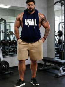 Fashionable Hooded Sleeveless Fitness Tank Top, Versatile Plus Size Men's Apparel, Stylish Printed Design Showcases Personalized - Navy Blue - View 3