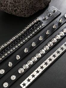 1 Set Men's Punk Rock Studded Bracelet Set, Spiked Leather Bracelet, Star Studded Bracelet, 80s Emo Style, Faux Leather, Gothic Fashion Halloween Jewelry Bracelet Accessories, Unisex