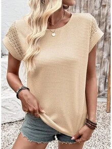 Womens Summer Tops 2026 Waffle Knit Lace Hollow Out Short Sleeve-Shirts Crewneck Casual Loose Basic Tee Blouses - 綠色 - 查看 5