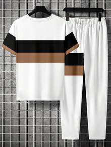 男士时尚印花圆领短袖T恤和裤子套装 - 彩色 - 查看 5