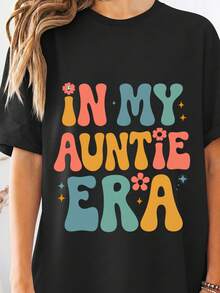 In My Auntie Era T-Shirt 100% Cotton Short Sleeve Crew Neck Retro Groovy Wavy Font Graphic Tee Cool Aunt Gift For Sister New Auntie Announcement Present Cute Vintage Style Aesthetic Top Funny Family Clothing Soft Breathable Casual Summer Fashion-1 - 黑色 - 查看 2