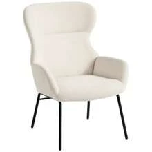 Modern Upholstered Wingback Armchair, High Back, Thick Padding, Steel Legs, Cream White - White - View 9