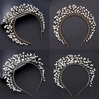 1 st håraccessoar för kvinnor, europeisk stil i zinklegering, vitt upprätt hårband i konstpärla, handgjort glansigt hårband, hårdekoration för brud och bröllopsfest