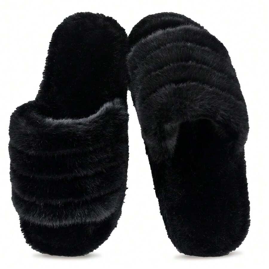 Rosoz Women's Soft Pl 11ush Fuzzy Slippers Memory Foam Anti-Skidsssss Sole House Bedroom Shoes Indoor Outdoor Open Toe FSandssals,Black-A1112Women910Men - Black-a1112Women910Men - View 1
