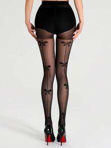 A Pair Of Women's Vertical Stripes On The Back + Bow Jacquard Stockings Are Fashionable And Sexy. High-Waisted And Leg-Fit Tights Are Available For Spring, Summer And Autumn. Thin Transparent Tights Are Suitable For Valentine's Day And Daily Life - Black - View 6
