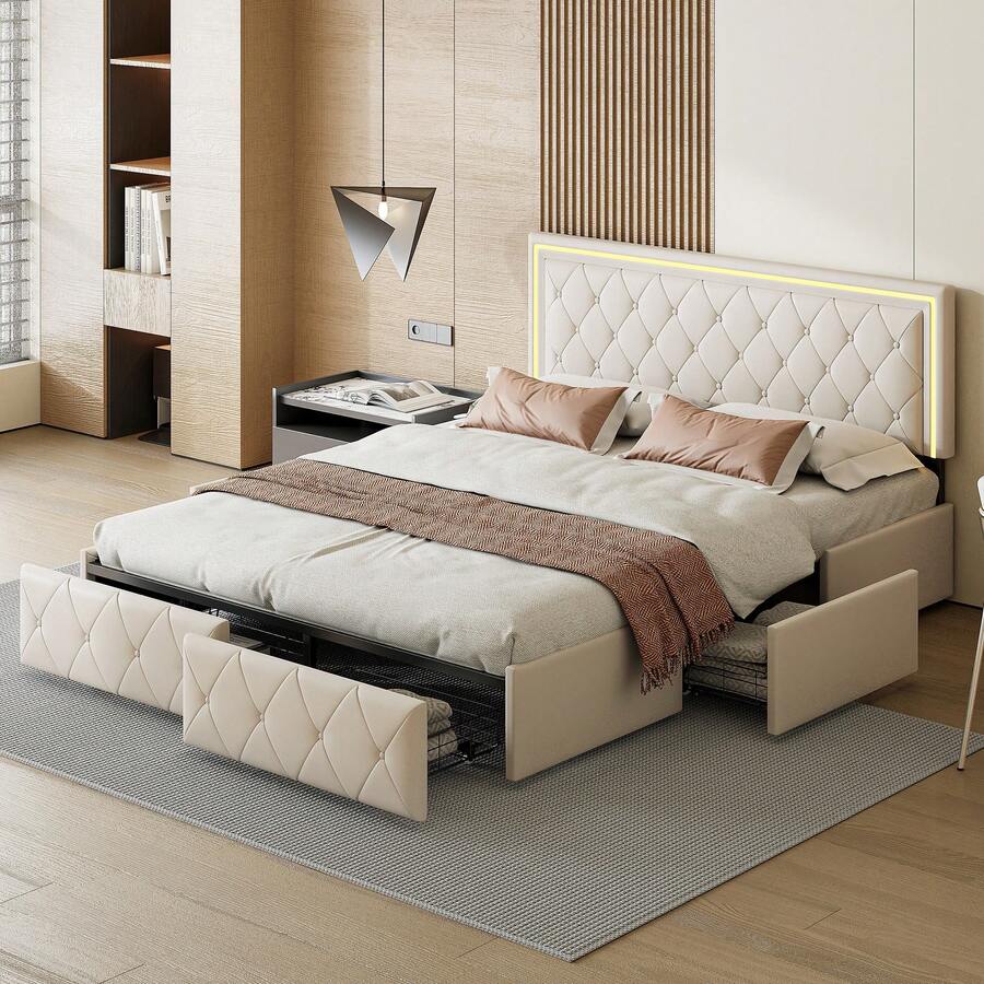 Caluself PU Upholstered Bed 140/160x200 Cm, Double Bed And 4 Drawers, Bed Frame With Adjustable Headboard, Storage Beds, Youth Bed Frame, Bed With Slatted Base - Màu be - Xem 1