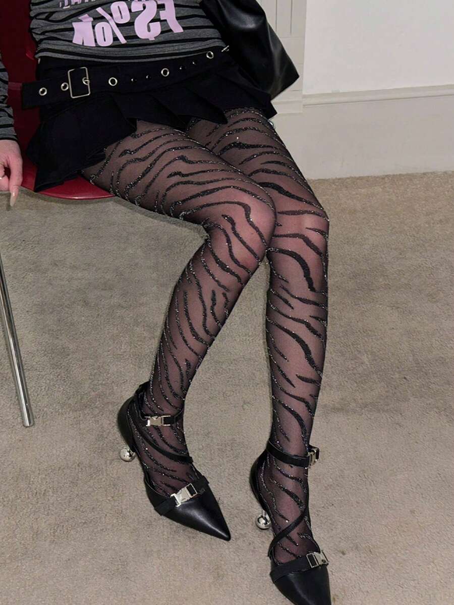 1 Pair Women's Leopard Print Leggings - Shiny Silver Sequin Trim, Sexy Glittery, Gift For Date Night, Party And Bold Fashion Occasions - Multicolor - View 1