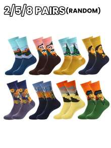 2/5/8 Pairs Random Fashionable Versstile Creative AB Asymmetrical High Top Socks With Cartoon Animal, Tool, And Character Patterns - Multicolor - View 17