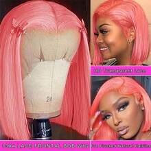 Pink Bob Wig Human Hair Brazilian Straight 13X4 HD Transparent Pink Red Bob Lace Front Wigs Human Hair Glueless Wigs Pre Plucked With Natural Hairline 180 Density Short Bob Frontal Wigs For Women - Pink - 查看 4