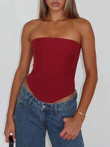 Womens Strapless Bustier Corset Top Y2k Lace Up Boned Overbust Corset Bodyshaper Tube Top Going Out Bustier - 紅色 - 查看 2