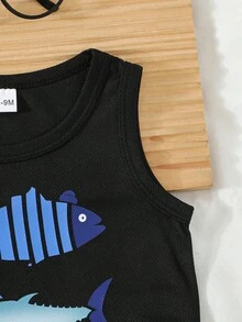 2pcs/Set Baby Boy Cute Shark Graphic Top & Allover Print Shorts Set, Breathable Casual Sports Outfit For Summer - Black - View 4