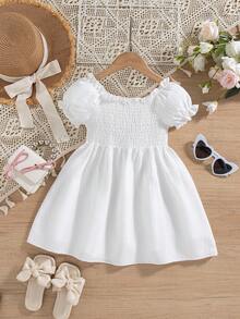 Vestido de niña de longitud hasta la rodilla, de unicolor, con mangas de princesa y dobladillo acampanado, con decoración de frutas en 3D, adecuado para primavera/verano - Blanco - Ver 3
