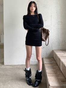 Open Shoulder Knit Sweater For Women, Slim Fit, Layering Top, Long Sleeve Dress, Autumn - Black - View 5