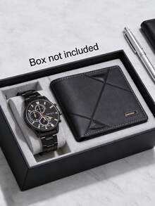 2pcs Men's Stylish Black Textured Watch Set, Includes 1 Multifunctional Quartz Watch And 1 Black Textured Wallet. Featuring Black Metal Strap And Embossed Stitched Leather Design, Sophisticated And Fashionable, Showcasing Masculine Charm. - Black - View 12