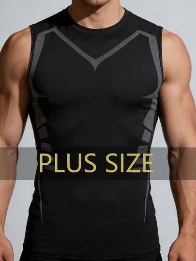 Plus Size Men's Sleeveless Printed Short Sleeve T-Shirt, Casual For Summer, Vacation, Travel, Outdoor, Fitness, Running