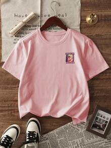 1件女童休闲印花圆领短袖T恤，夏季学生童装 - 印有山海经人物图案的T恤，为每个孩子带来欢乐和幸福！ CAPPUCCINA BALEERINA - 粉色 - 查看 4