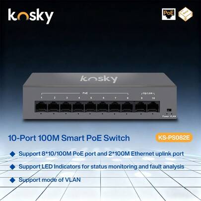 KOSKY Przełącznik PoE+ 10-portowy | 8 portów PoE (IEEE 802.3af/At) i 2 porty gigabitowe | Watchdog AI, prosta sieć VLAN, ochrona przeciwprzepięciowa 6 kV, odpowiedni do kamer bezpieczeństwa
