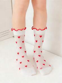1 Pair Baby Girls' Heart Pattern Mid-Calf Socks, Heart Element Girls' Socks, Suitable For 0-1 Year Old, 2-5 Year Old Girls, Spring/Summer - Red and White - View 2