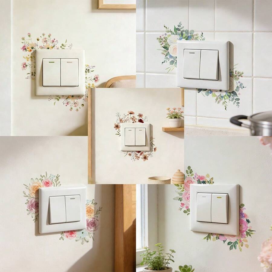 1/5pcs Floral Light Switch Stickers, Creative Watercolor Flower Plant Wall Decals, Self-Adhesive Outlet Decorations, Removable Vinyl Wall Stickers, Suitable For Living Room, Bedroom, Kitchen, Bathroom, Elegant Home Interior Decor - Multicolor - View 1
