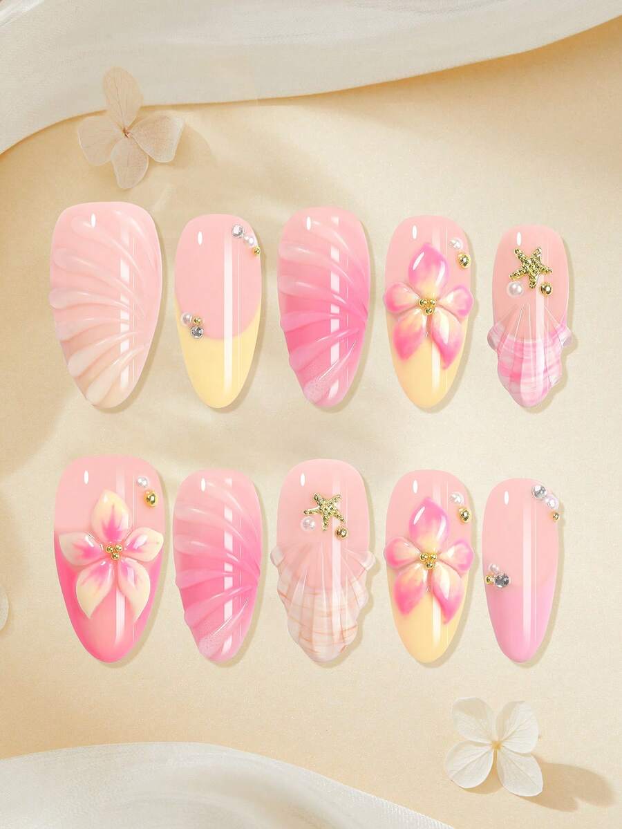 10pcs Handmade Nail Stickers, Almond Shell Design, Summer Style, 3D Shell Flower Decor, Resin Crafted, Elegant Handmade Glossy Full Coverage False Nails, Suitable For Women/Girls Daily Wear Or Date/Vacation Manicure Accessories