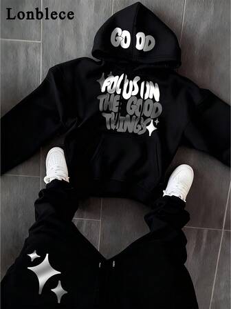 Lonblece 2pcs Autumn/Winter Streetwear Hoodie Set, Unisex Loose Casual Hoodie & Straight Leg Pants Two Pieces Outfit, #Slow Living, Young Daily Wear