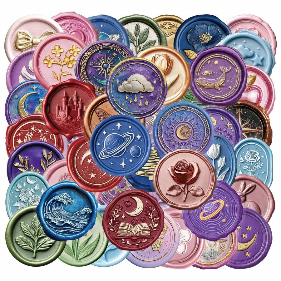 50pcs 2D Wax Seal Stickers, PET Material, Transparent, Cute Cartoon Patterns, Colorful Transparent Stickers, Waterproof Vinyl Stickers, Suitable For Diaries, Laptops, Scrapbooks, Luggage, Water Bottles, Phones, Etc. - Multicolor - View 1
