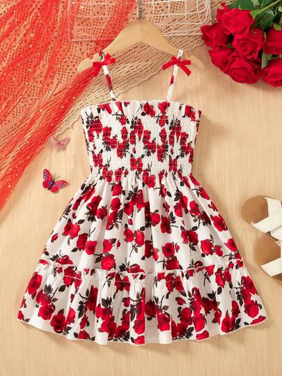 Girls Casual Floral Print Decor Bow Tie Sleeveless Knee-Length Dress, Fashion Outfit For Outdoor, Spring/Summer