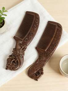 半把檀木雕花细齿梳，精美龙凤吉祥寓意梳子，防静电经络按摩发刷，适合作为礼物赠送亲朋好友。 - 彩色 - 查看 2