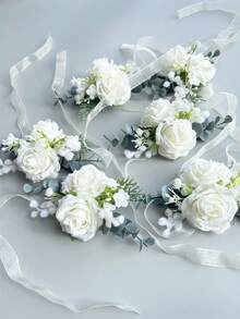 1pc/6pcs Artificial Ivory Rose Flower Bride Wrist Corsage Bridesmaid Sister Women Hand Flowerwedding DIY Flowers Party Deocration