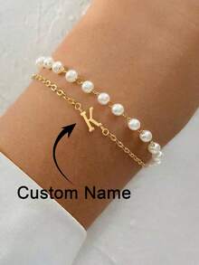 2Pcs/Set Simple Fashion Custom Name Initial Pendent Gold Color Stainless Steel Chain Faux Bead Chain Bracelets For Women - Multicolor - View 2