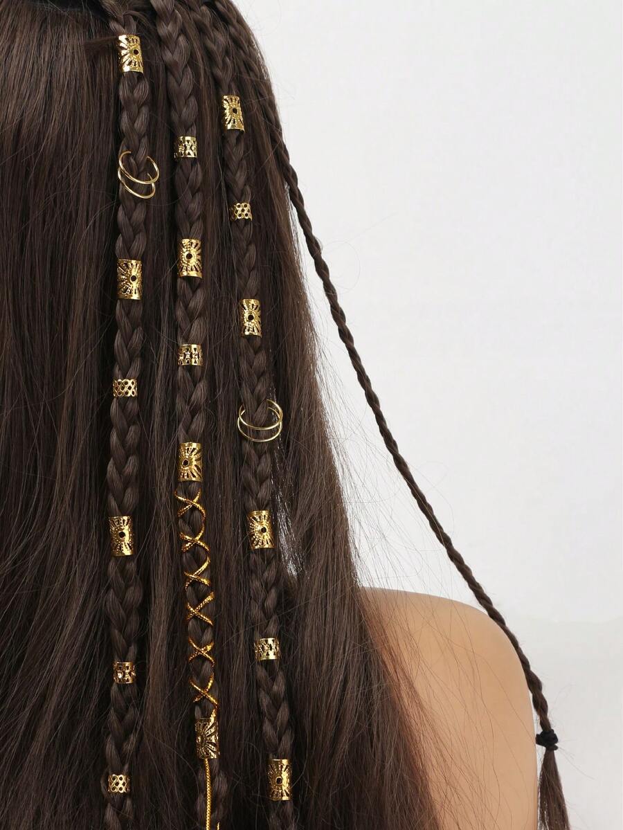 41pcs Gold Wire Sun Shaped Hair Rings Mixed Set, Women's Braided Hair Accessories, Holiday Party Headwear, Halloween Hair Decorations - 發環套裝D-金色 - 查看 1
