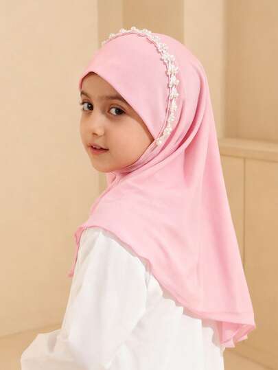 1pc Children's Headscarf, Made Of Soft, Lightweight And Breathable Fabric, Decorated With Pearl/Lace Trim, Elegant Design, Suitable For Daily Wear And Religious Occasions.