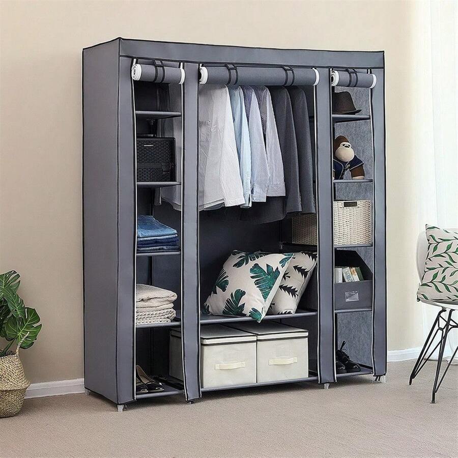 69" Portable Clothes Closet Wardrobe Storage Organizer, Gray Non-Woven Fabric, Extra Strong Durable Build, Quick Easy Assembly, Large Capacity, Ideal For Bedroom Dorm Apartment, Space-Saving Design - mặc định - Xem 1