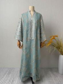 女士撞色亮片刺绣V领连衣裙，端庄时尚的长袖A字裙，适合派对、婚礼宾客等场合，四季皆宜，是度假和春季的理想伊斯兰服饰。 - 綠色 - 查看 6