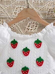 Vestido de niña de longitud hasta la rodilla, de unicolor, con mangas de princesa y dobladillo acampanado, con decoración de frutas en 3D, adecuado para primavera/verano - Blanco - Ver 4