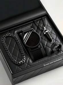 4 Stücke/Set lässige, modische ultradünne runde schwarze Legierungs-Armbanduhr, schwarzer Hexagon-Anhänger Halskette, Ring, Ketten-Armband Set, Legierungs-Mesh-Cut-Out-Design, batteriefrei, Geschenk für ihn zum Geburtstag, geeignet für Weihnachten, Geburtstag, Thanksgiving - Schwarz - Übersicht 10