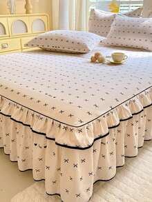 Bohemian Style Floral Print Double Ruffle Bed Skirt 3-Piece Set (1 Bed Skirt + 2 Pillowcases), Elegant Fresh Pastoral Style, Suitable For Double/Single Bed, Bedroom Bedding, All Season - Beige - View 7