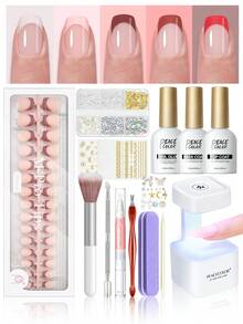 peacecolor 15 piezas Juego de pegatinas de uñas de gel cuadradas cortas - 150 piezas de pegatinas de manicura francesa mate en rojo, marrón y nude, 10ml de gel de uñas, base, top coat, lámpara de uñas, suministros de arte de uñas DIY para regalo de mujeres - Multicolor - Ver 10