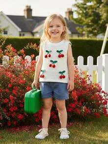 Conjuntos de verano de 2 piezas para niñas: top sin mangas con cuello redondo y estampado de cerezas en 3D, y shorts vaqueros. - Albaricoque - Ver 4