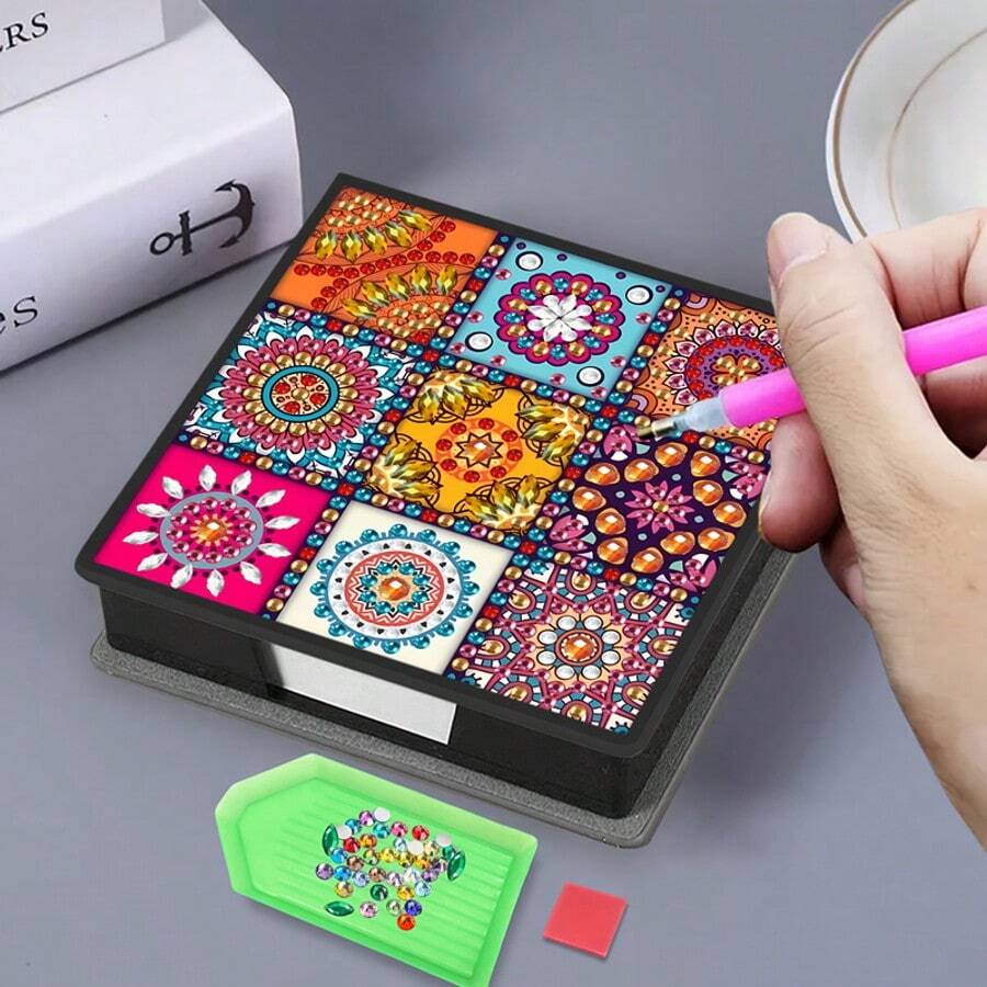 Bộ tranh đính kim cương 5D - Sổ tay/Hộp ghi nhớ họa tiết Mandala 9 ô - Quà tặng thủ công độc đáo, Bộ tranh đính kim cương, Hình tròn bất đối xứng, Quà tặng thủ công độc đáo cho bàn làm việc văn phòng và nhà