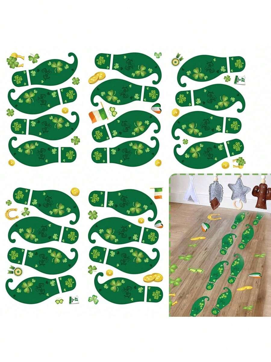 1/5/10 Sheets St.Particks Day Floor Decorations Green Footprint Clover Wall Stickers Luck Irish Party Window Decals For St. Patrick's Day Party Home Floor Window Walls Decor - Green - View 1