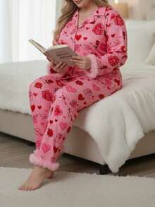 Women Pajama Set, Heart Print Long Sleeve Top With Pants Sleepwear Loungewear For Valentines Day - Pink - View 8