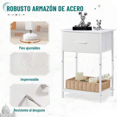 Mesitas de Noche, Mesas Auxiliares, Juego de 2 Mesas Auxiliares con Cajón y Estante, Buros para recamara, Mesa Auxiliar con Cajón de Tela Montaje Fácil Diseño Industrial (Blanco)
