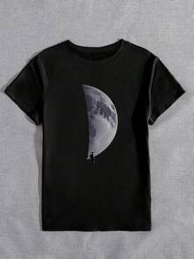 Camiseta de manga corta holgada y cómoda con estampado de luna para mujer, versátil y de moda, adecuada para uso casual diario y de calle, color negro