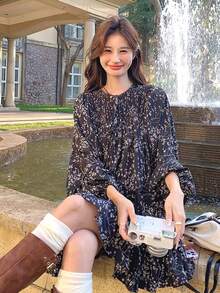 [Y6Y] Women's Black Floral Print V-Neck Long Sleeve A-Line Mini Dress, Casual Vacation Bohemian Style Woven Fabric