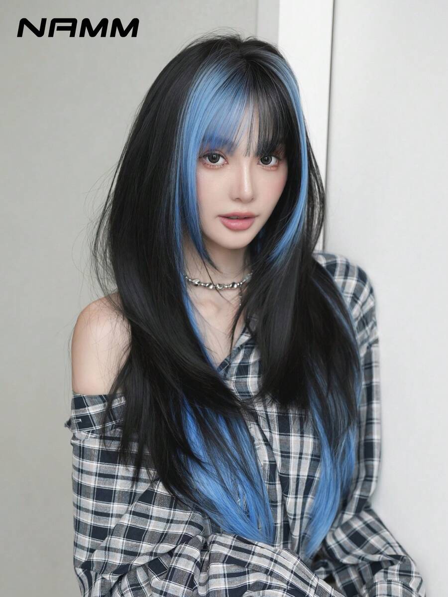 NAMM 26英寸高光蓝色长直假发，高层次150%密度，时尚假发，适合女性日常派对佩戴，耐热合成假发，全机编织，精美造型假发，适合女孩日常佩戴、万圣节、音乐节派对、街头服饰、动漫角色扮演或服装搭配（自然层次纹理，轻盈舒适）