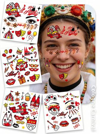 4 Tatuajes temporales de carnaval, pegatinas para la cara y el Body del carnaval de Colonia, decoración de maquillaje para la fiesta del Lunes de Rosas, colores brillantes, fáciles de pegar y quitar, y para uso en fiestas