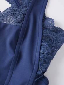 Women Halter Neck Tank Tops Sleeveless Lace Patchwork Summer Slim Fit Cropped Going Out Vest - Navy Blue - View 4
