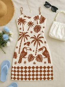 Fitted Dress With Toucan And Palm Tree Print, Beach Style, Spring And Summer, Vacation - Rỉ Nâu - Xem 1