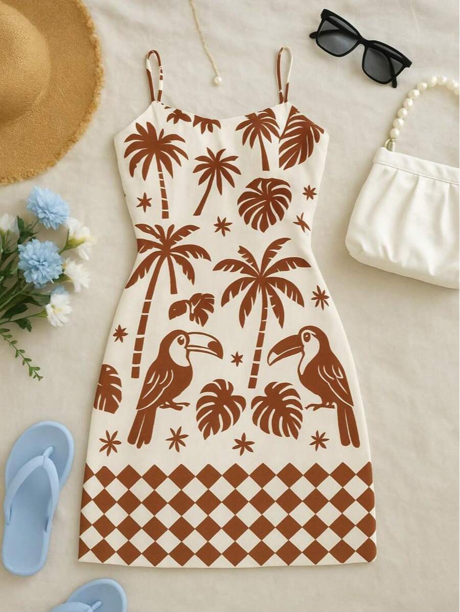 Fitted Dress With Toucan And Palm Tree Print, Beach Style, Spring And Summer, Vacation - Rỉ Nâu - Xem 1